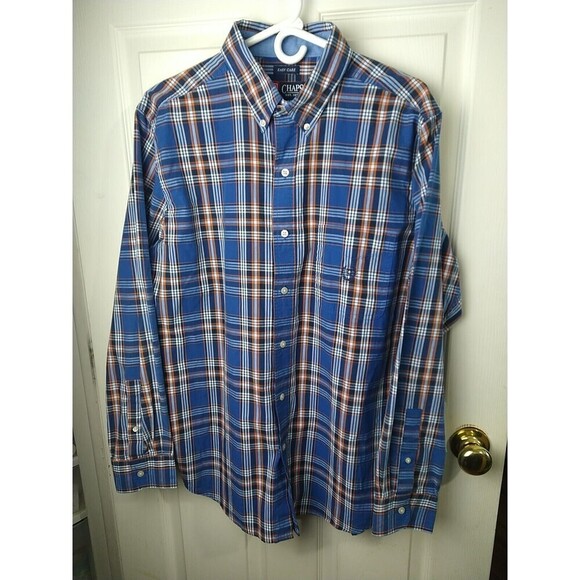 Chaps Men's Easy Care Cotton Long sleeve Button Down Shirt, Large, Blue Plaid - Picture 1 of 11